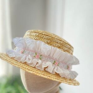 Hand smoked Hat with White Ruffle Trim